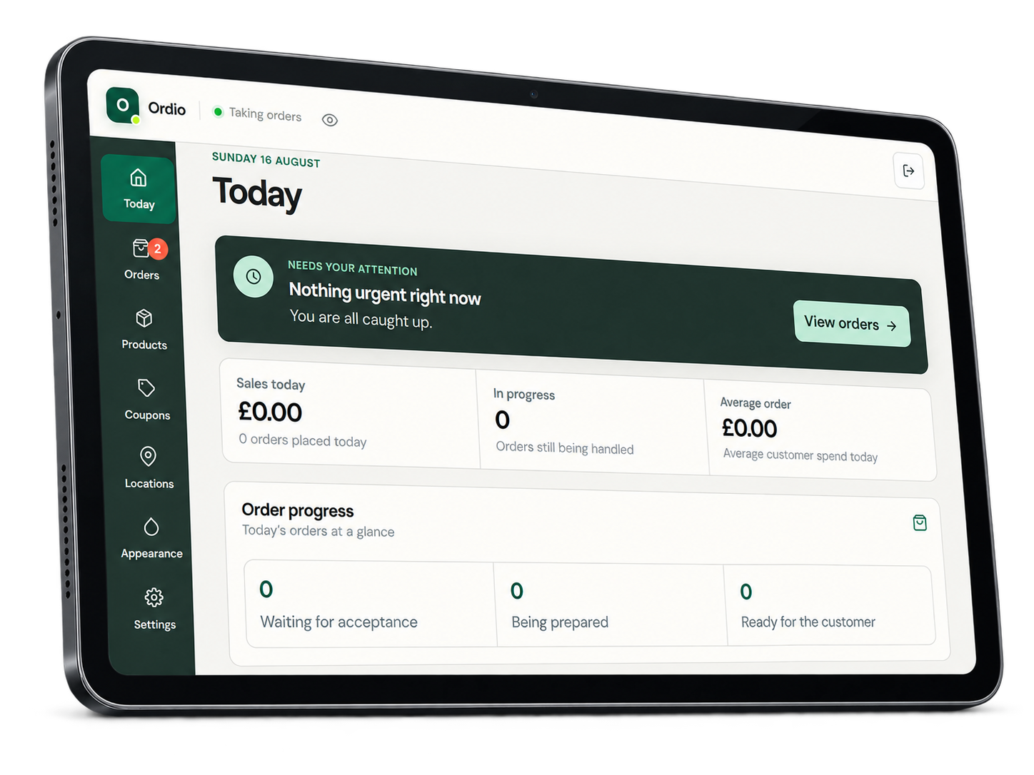 Ordio business dashboard displayed on a tablet