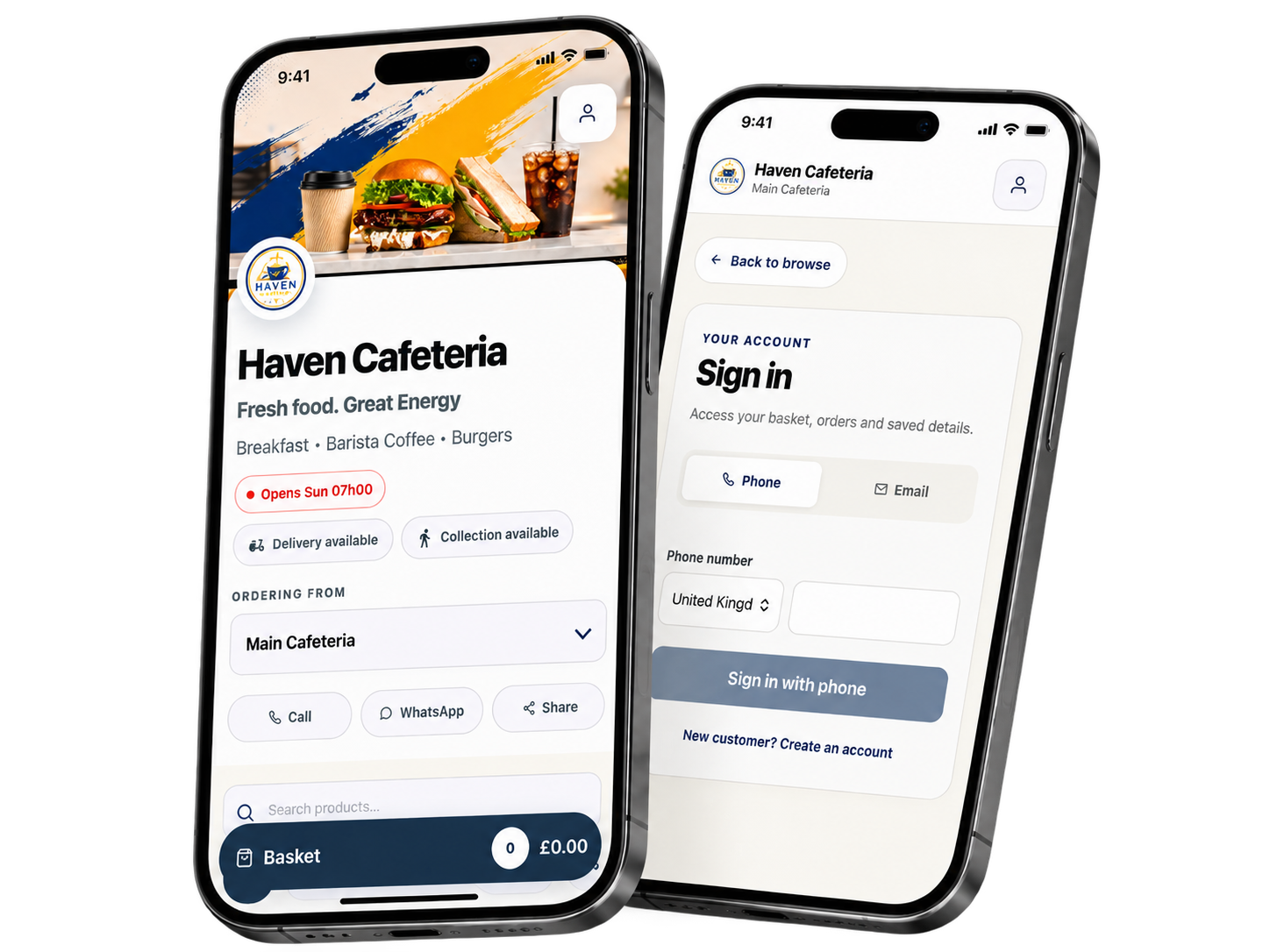Haven Cafeteria storefront and customer sign-in screens shown on two mobile phones